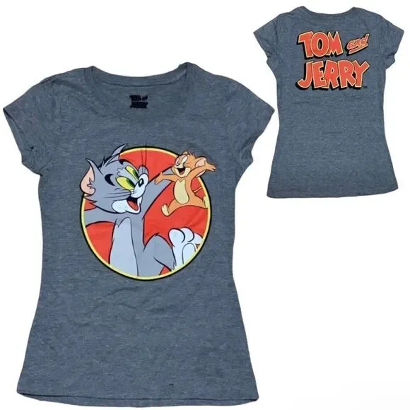 Tom & Jerry T-Shirt Nostalgia Novelty Cartoon Orange Logo Back Retro Cat Mouse - Picture 1 of 7